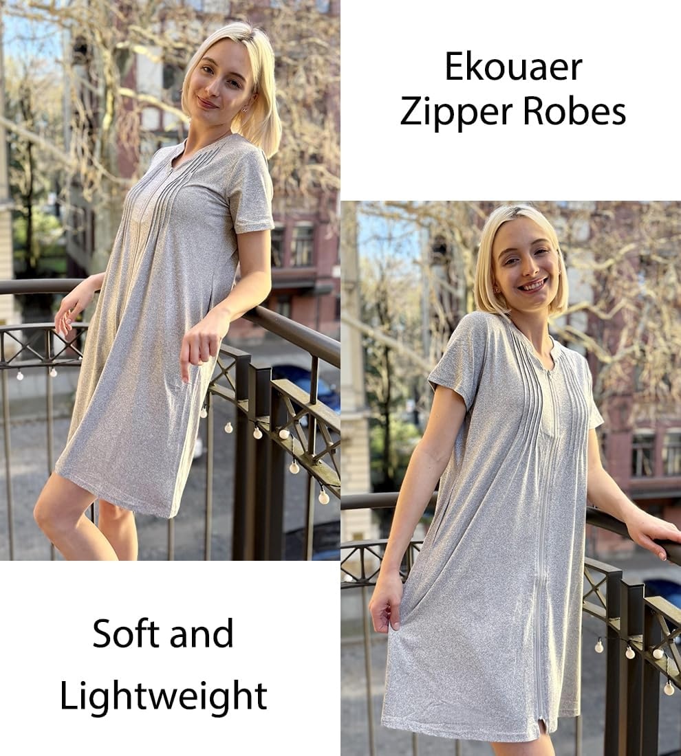 image:imageEkouaer Women Zipper Robes Short Bathrobe Lightweight House CoatLight Grey