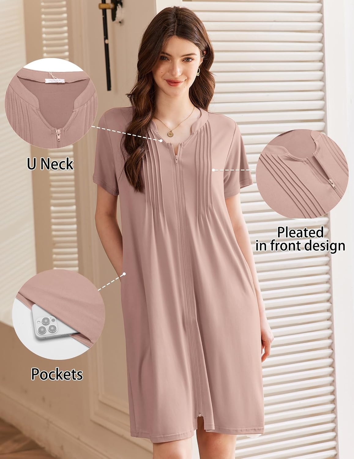 image:imageEkouaer Women Zipper Robes Short Bathrobe Lightweight House CoatMisty Rose