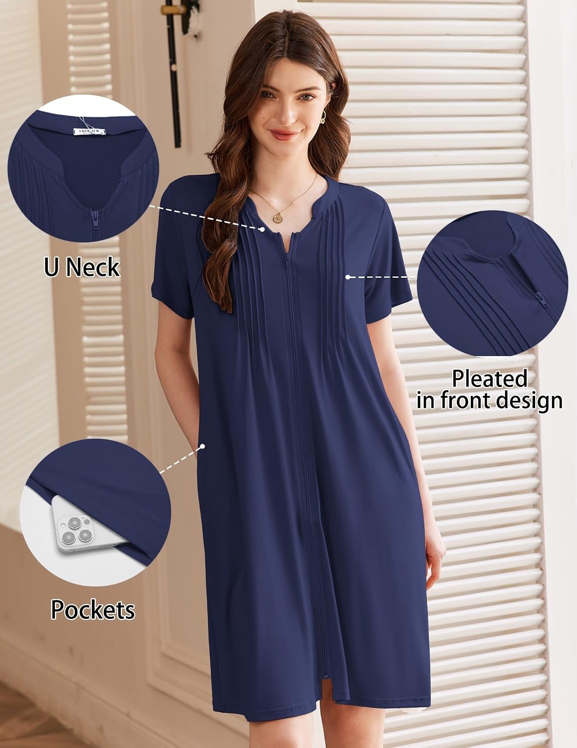 image:imageEkouaer Women Zipper Robes Short Bathrobe Lightweight House CoatNavy Blue