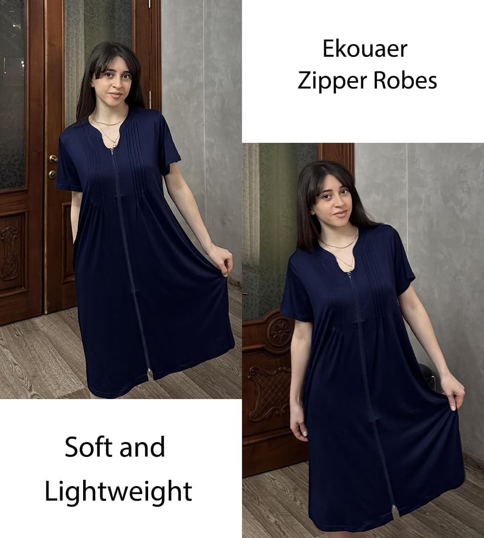 image:imageEkouaer Women Zipper Robes Short Bathrobe Lightweight House CoatNavy Blue