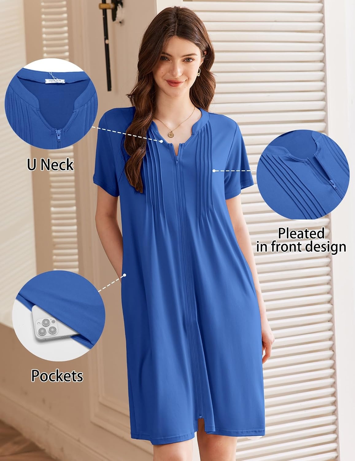 image:imageEkouaer Women Zipper Robes Short Bathrobe Lightweight House CoatRoyal Blue