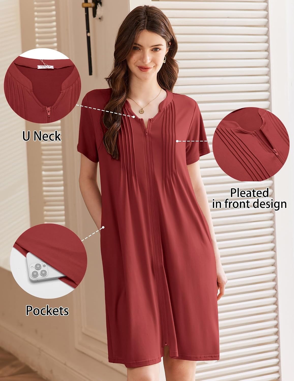 image:imageEkouaer Women Zipper Robes Short Bathrobe Lightweight House CoatWine Red