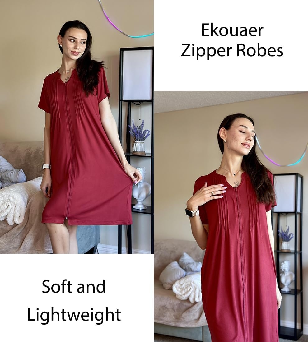 image:imageEkouaer Women Zipper Robes Short Bathrobe Lightweight House CoatWine Red