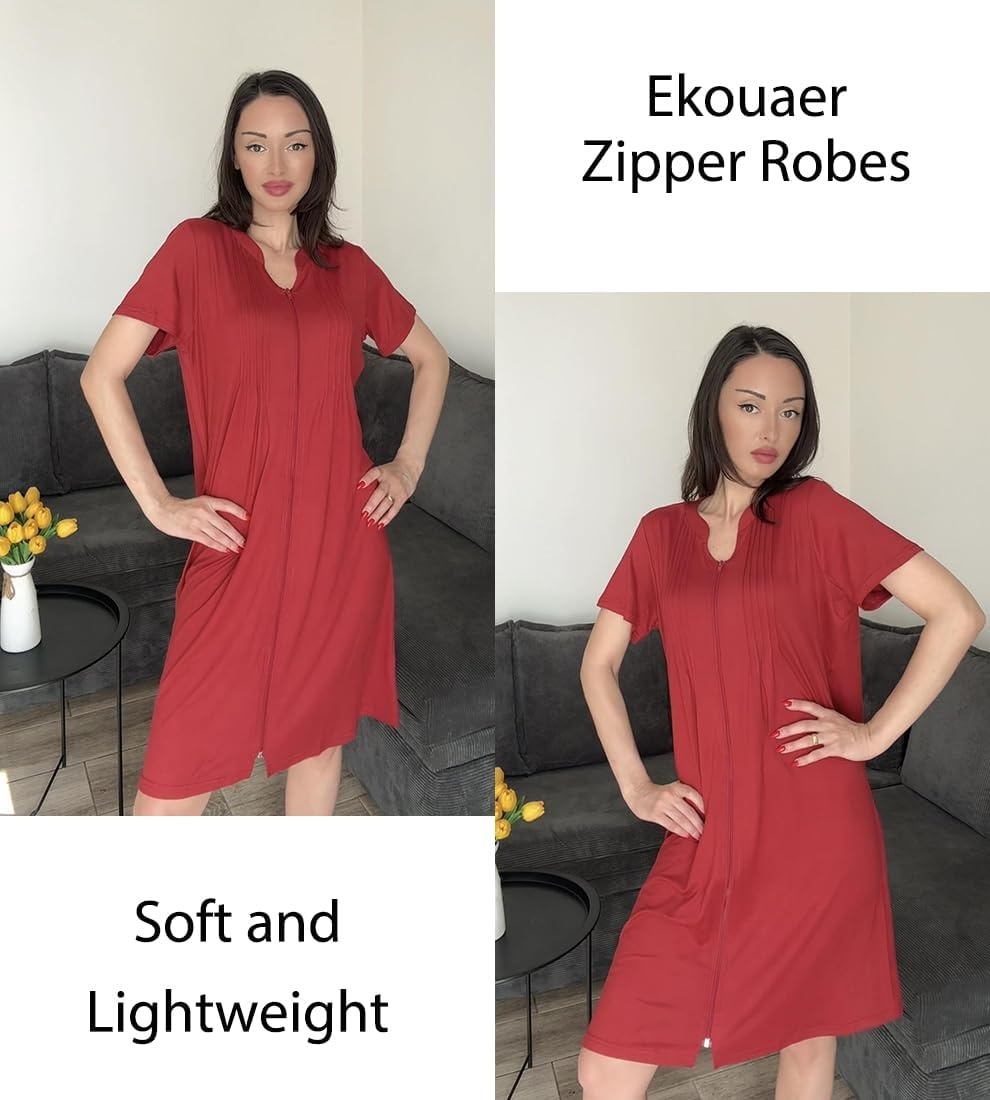 image:imageEkouaer Women Zipper Robes Short Bathrobe Lightweight House CoatWine Red