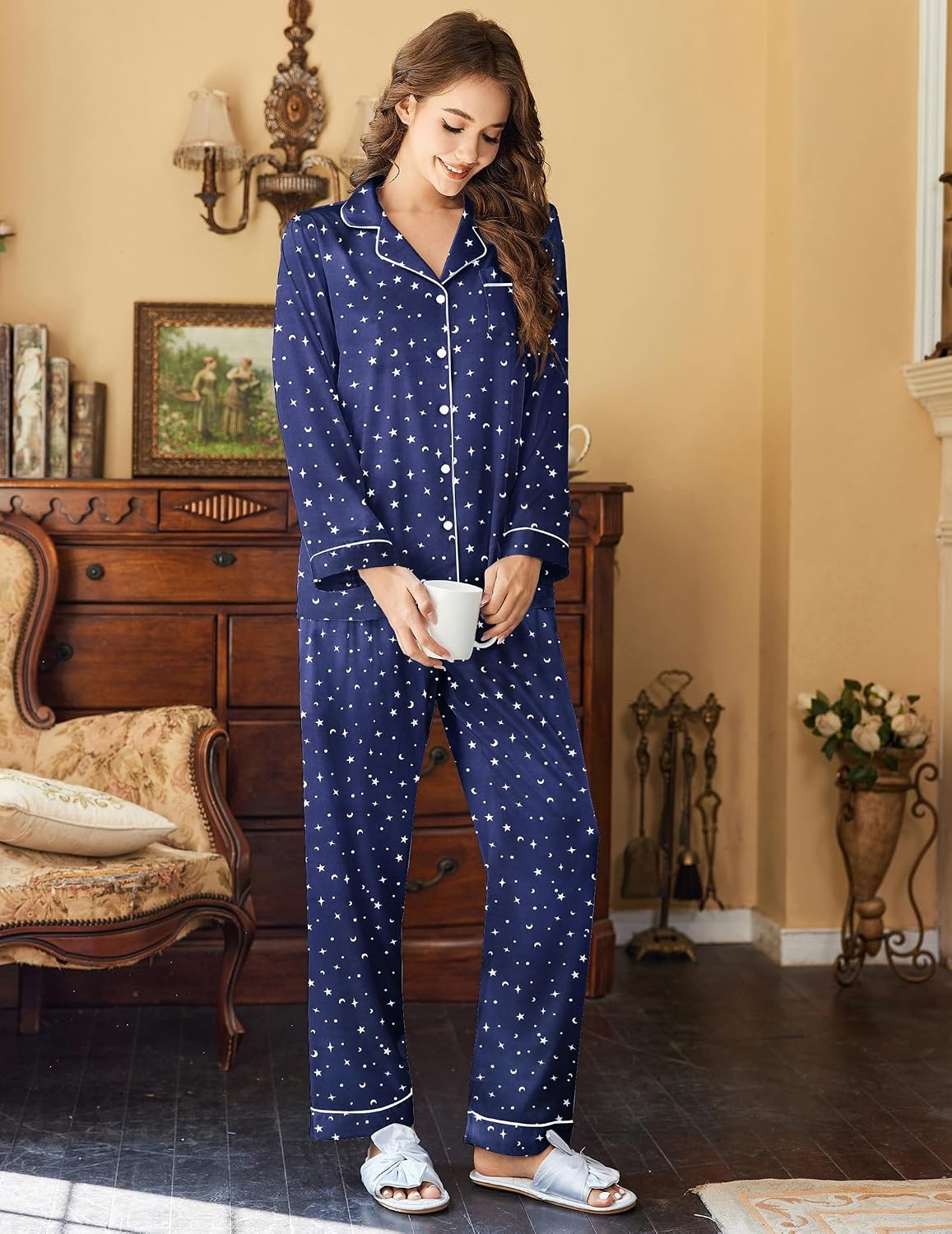 image:imageEkouaer Womens Classic Button Down Long Satin Silk Pajama SetStars Moon Navy