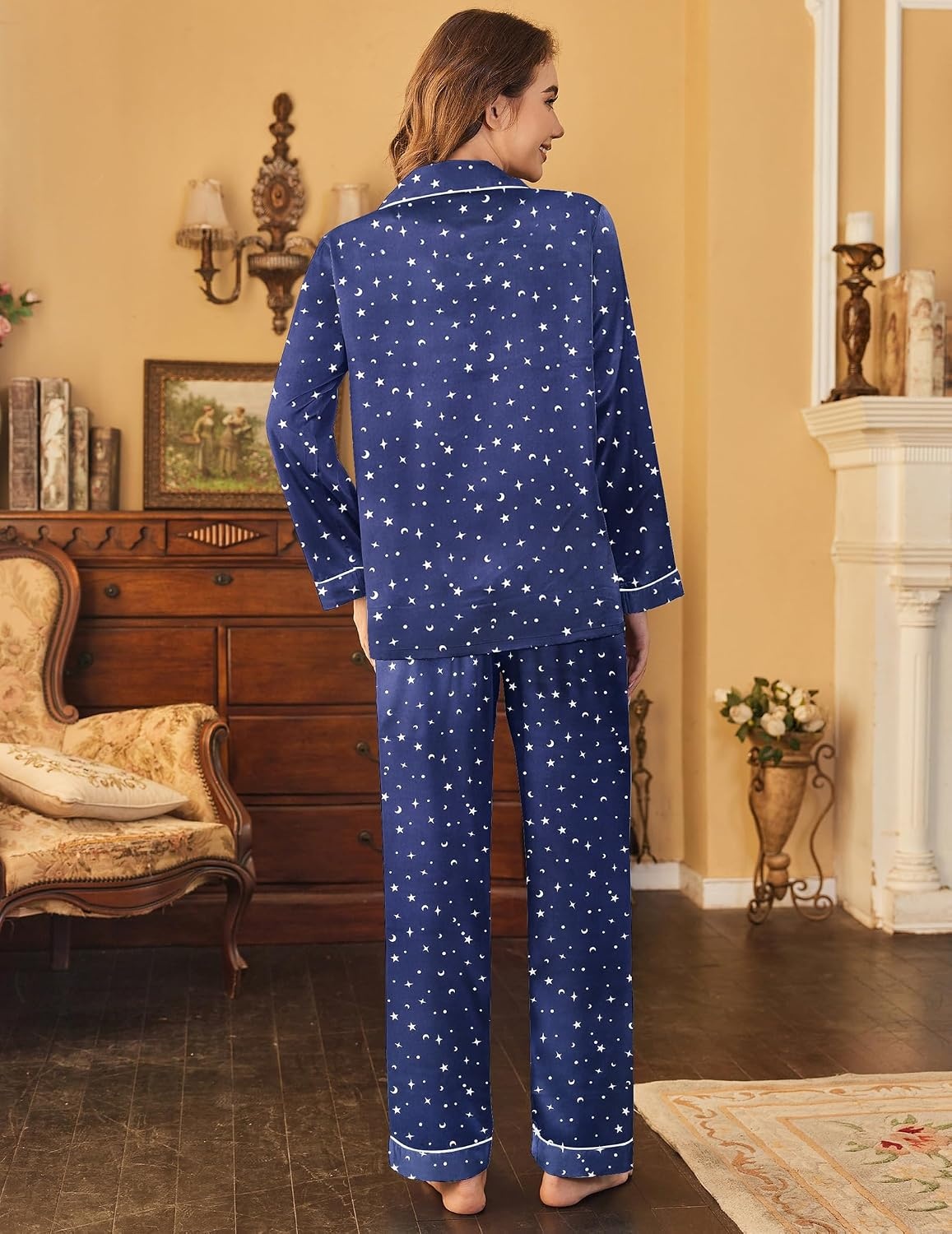 image:imageEkouaer Womens Classic Button Down Long Satin Silk Pajama SetStars Moon Navy