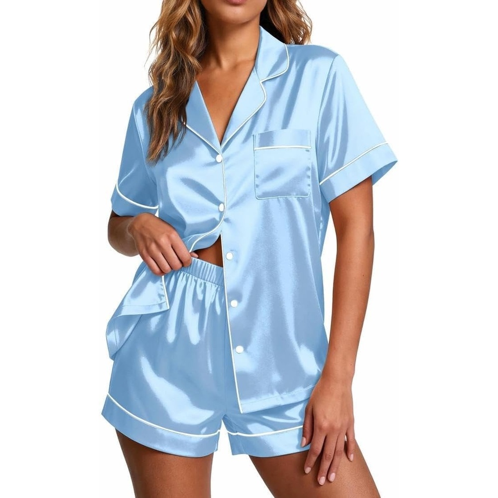 image:imageEkouaer Pajamas for Women Set Silk Satin Pjs 2 Piece Button Down SleepwearBaby Bule