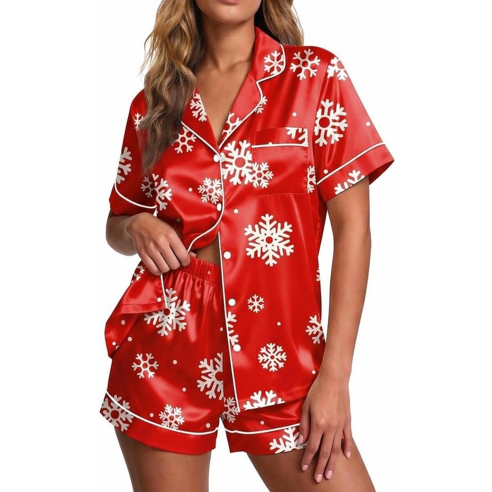 image:imageEkouaer Pajamas for Women Set Silk Satin Pjs 2 Piece Button Down SleepwearChristmas Snow