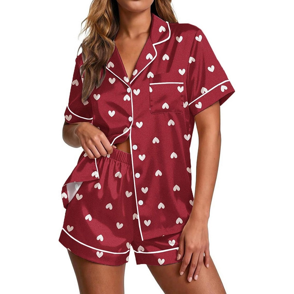 image:imageEkouaer Pajamas for Women Set Silk Satin Pjs 2 Piece Button Down SleepwearWine Red Heart