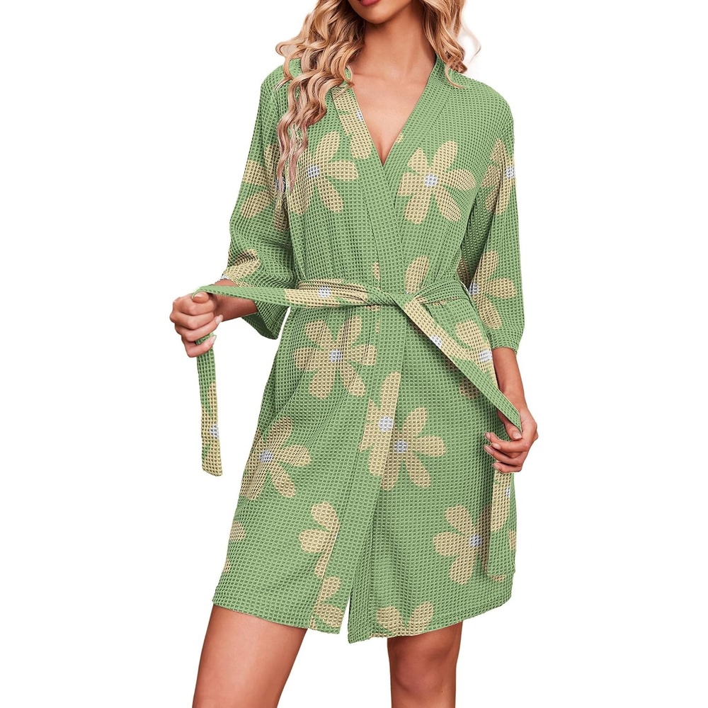 image:imageEkouaer Robes for Women Waffle Knit Bathrobe Soft Lightweight LoungewearFloral Green