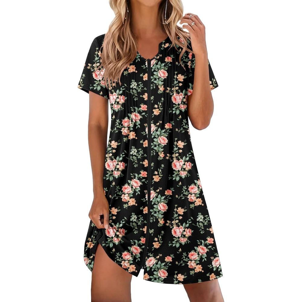 image:imageEkouaer Women Zipper Robes Short Bathrobe Lightweight House CoatFloral Black a