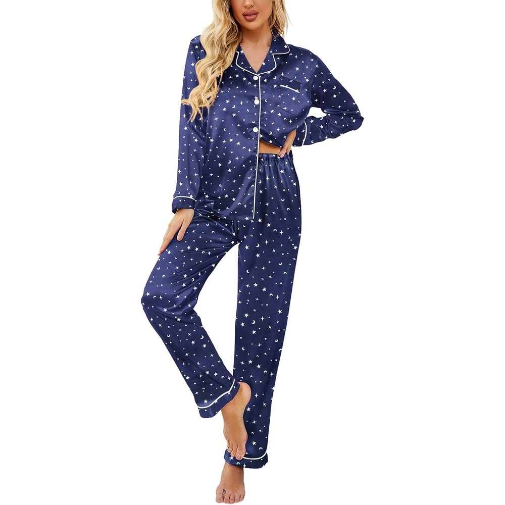 image:imageEkouaer Womens Classic Button Down Long Satin Silk Pajama SetStars Moon Navy