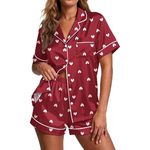 Ekouaer Pajamas for Women Set Silk Satin Pjs 2 Piece Button Down Sleepwear(Wine Red Heart)