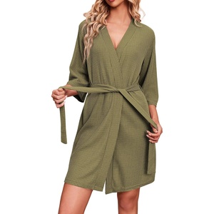 Ekouaer Robes for Women Waffle Knit Bathrobe Soft Lightweight Loungewear(Army Green)