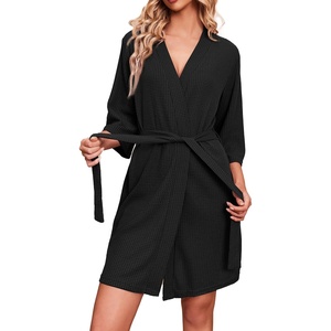 Ekouaer Robes for Women Waffle Knit Bathrobe Soft Lightweight Loungewear(Black)