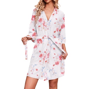 Ekouaer Robes for Women Waffle Knit Bathrobe Soft Lightweight Loungewear(Floral White Red)