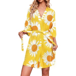 Ekouaer Robes for Women Waffle Knit Bathrobe Soft Lightweight Loungewear(Floral Yellow)