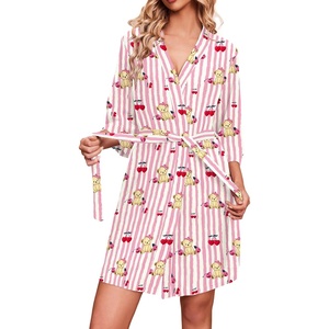 Ekouaer Robes for Women Waffle Knit Bathrobe Soft Lightweight Loungewear(Pink Stripe Teddy Bear)