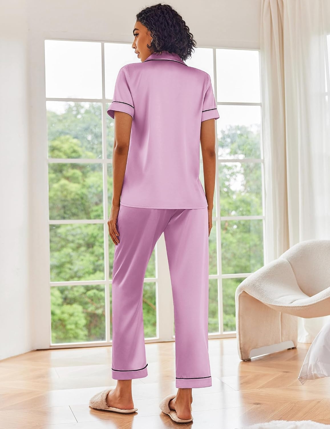 image:imageEkouaer 2 Piece Satin Short Sleeve Pajamas Set Button Down SleepwearDeep Purple