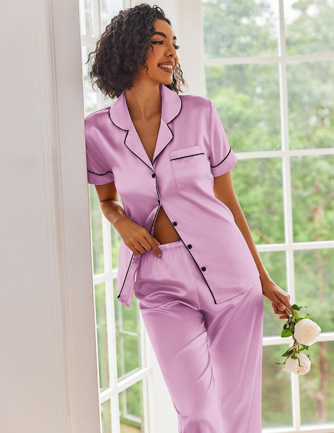 image:imageEkouaer 2 Piece Satin Short Sleeve Pajamas Set Button Down SleepwearDeep Purple