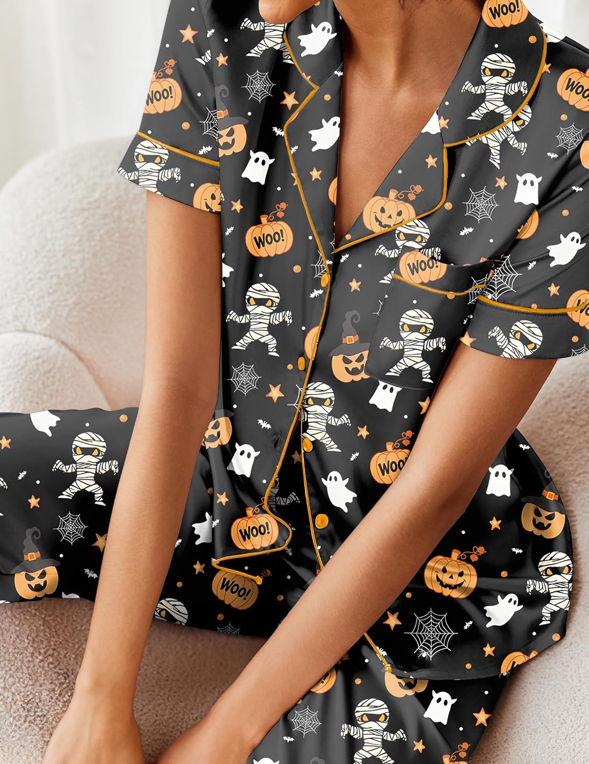 image:imageEkouaer 2 Piece Satin Short Sleeve Pajamas Set Button Down SleepwearHalloween Pumpkin Print