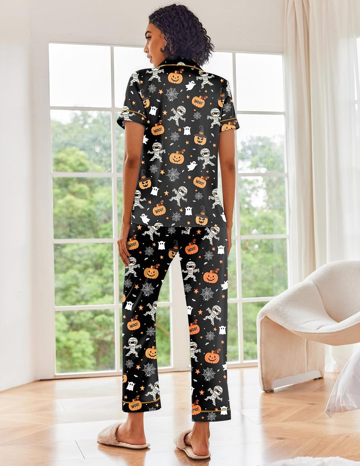 image:imageEkouaer 2 Piece Satin Short Sleeve Pajamas Set Button Down SleepwearHalloween Pumpkin Print