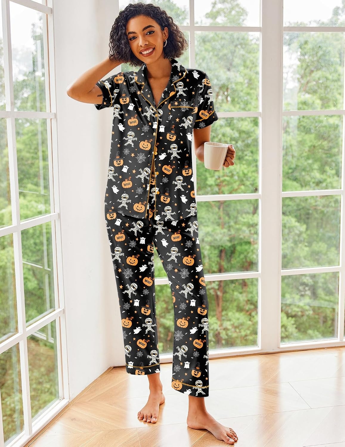 image:imageEkouaer 2 Piece Satin Short Sleeve Pajamas Set Button Down SleepwearHalloween Pumpkin Print