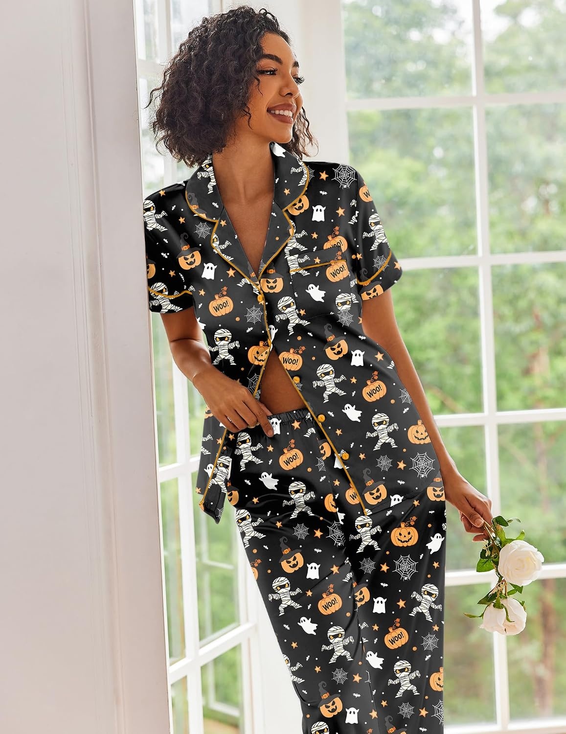 image:imageEkouaer 2 Piece Satin Short Sleeve Pajamas Set Button Down SleepwearHalloween Pumpkin Print