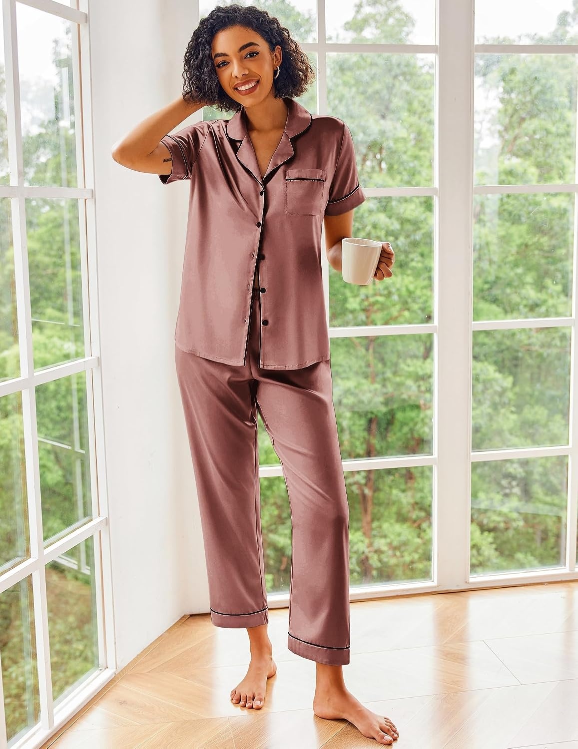 image:imageEkouaer 2 Piece Satin Short Sleeve Pajamas Set Button Down SleepwearLight Brown