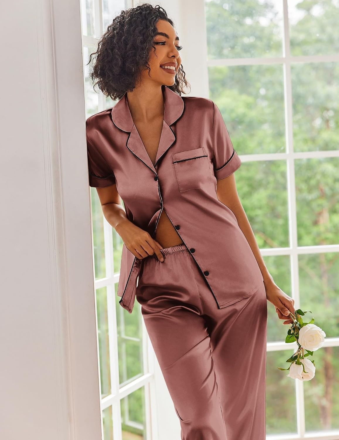 image:imageEkouaer 2 Piece Satin Short Sleeve Pajamas Set Button Down SleepwearLight Brown