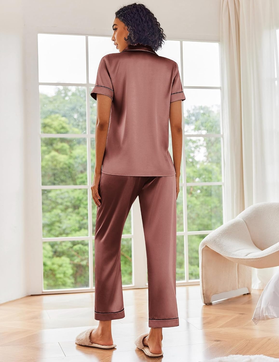 image:imageEkouaer 2 Piece Satin Short Sleeve Pajamas Set Button Down SleepwearLight Brown