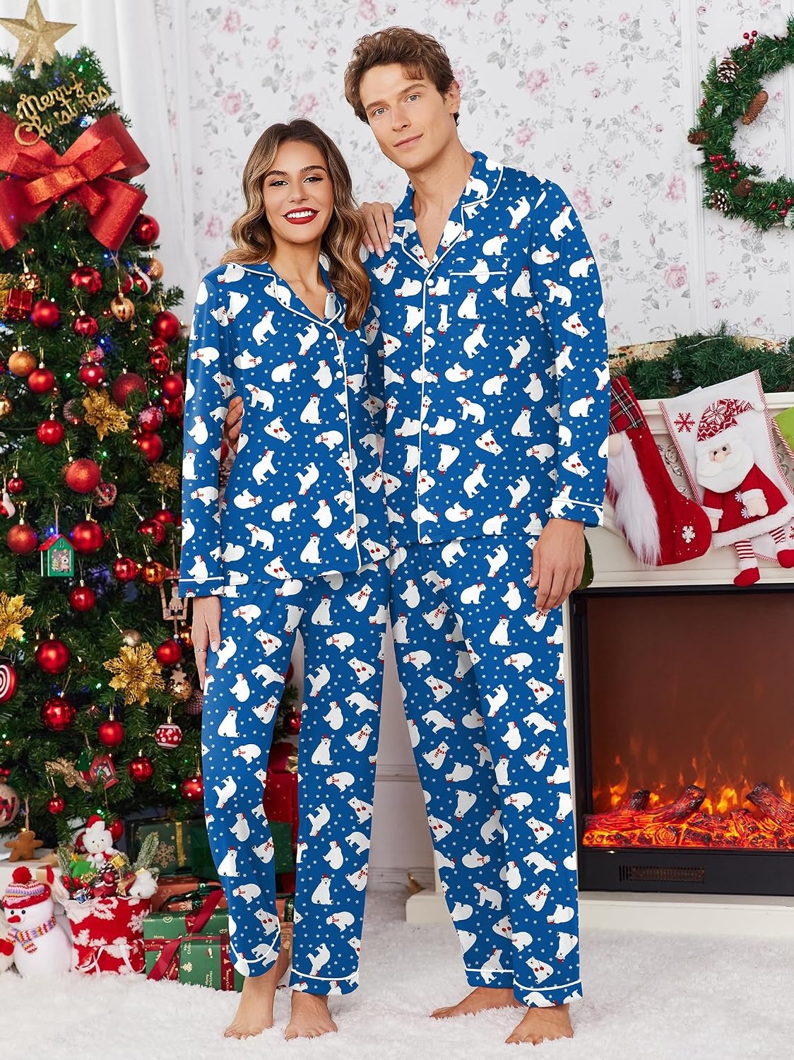 image:imageEkouaer Matching Pajamas For Couples Christmas Pj Set Long Sleeve Lounge Festival Party Sleepwear Blue Bear XL Women