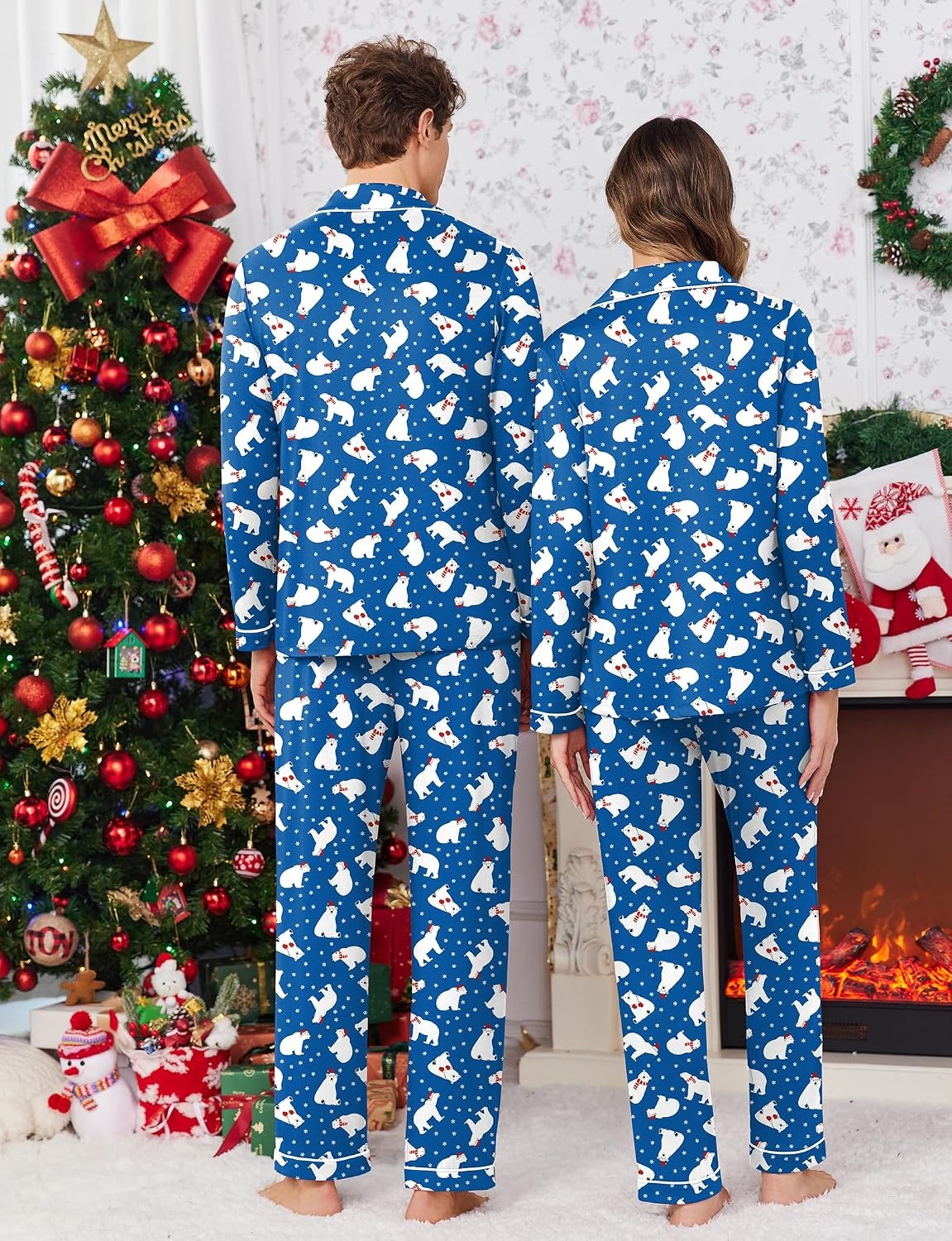 image:imageEkouaer Matching Pajamas For Couples Christmas Pj Set Long Sleeve Lounge Festival Party Sleepwear Blue Bear XL Women