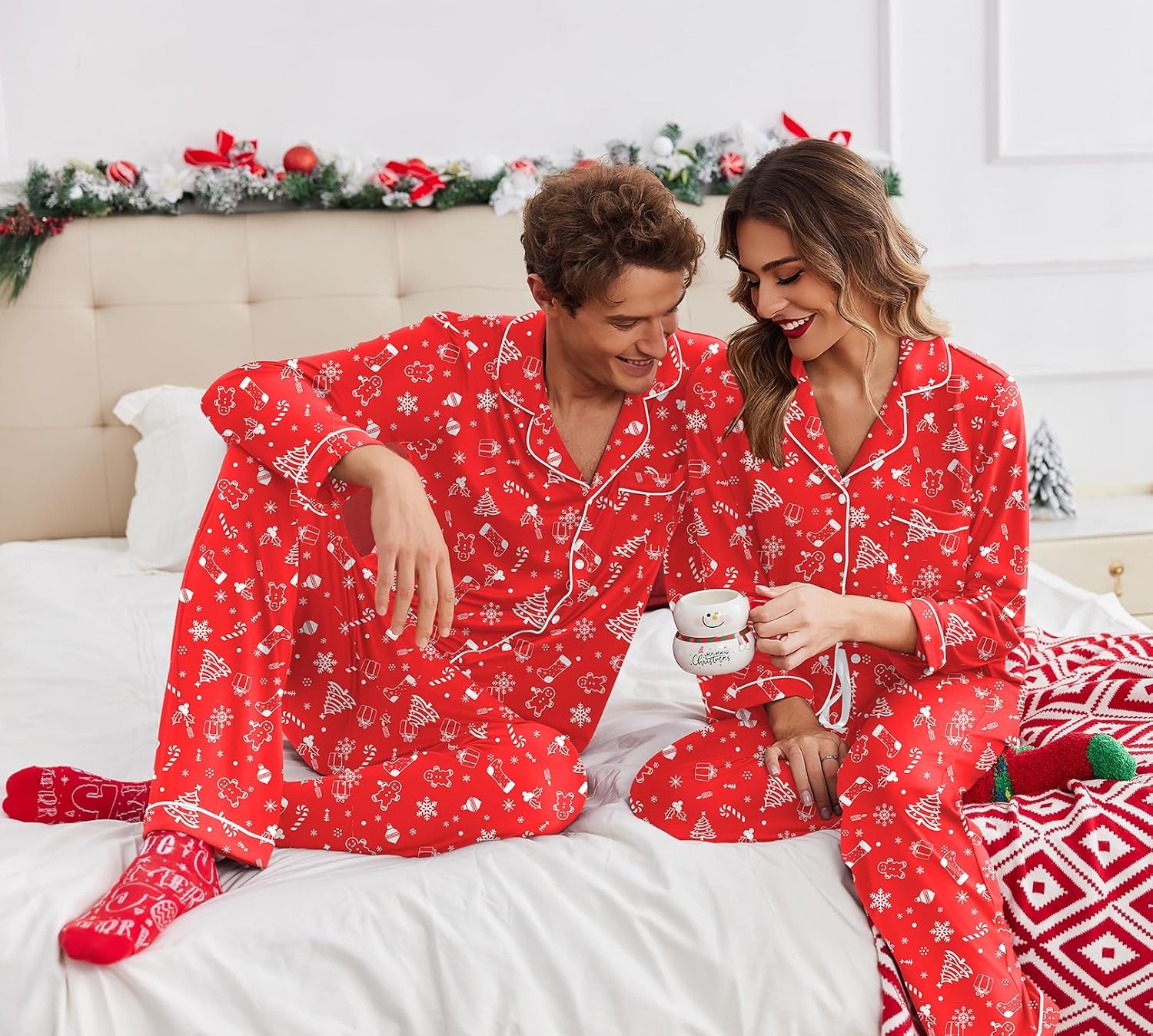 image:imageEkouaer Matching Pajamas For Couples Christmas Pj Set Long Sleeve Lounge Festival Party Sleepwear RedTreeSock M Men