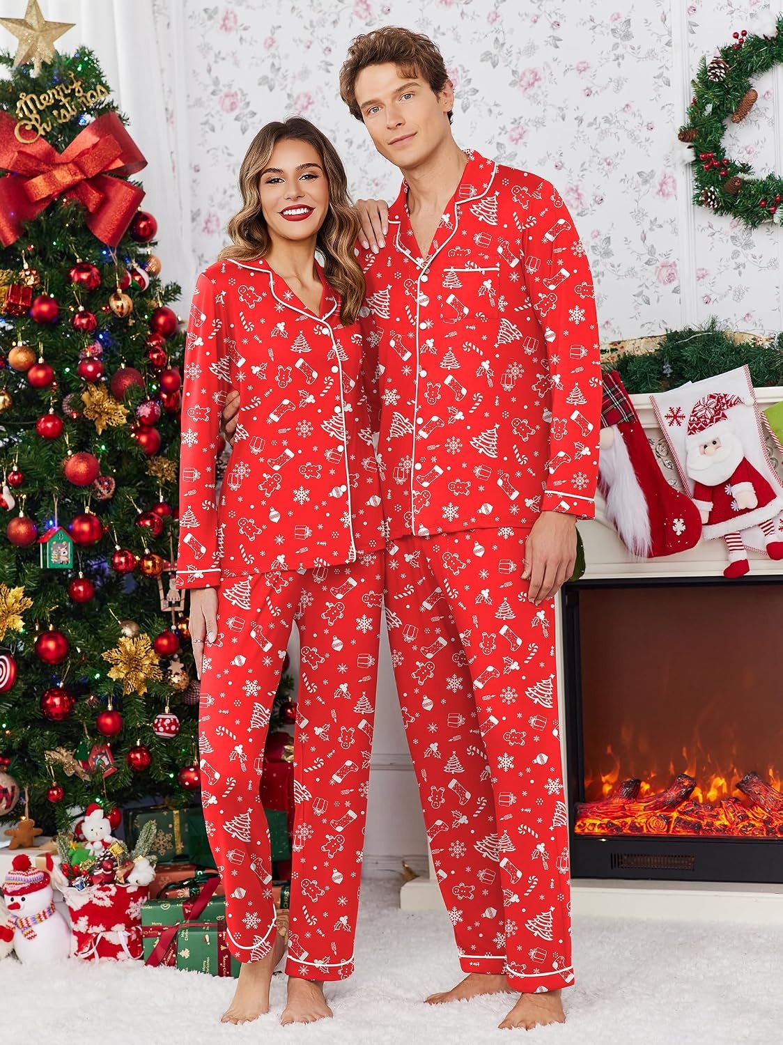 image:imageEkouaer Matching Pajamas For Couples Christmas Pj Set Long Sleeve Lounge Festival Party Sleepwear RedTreeSock M Men