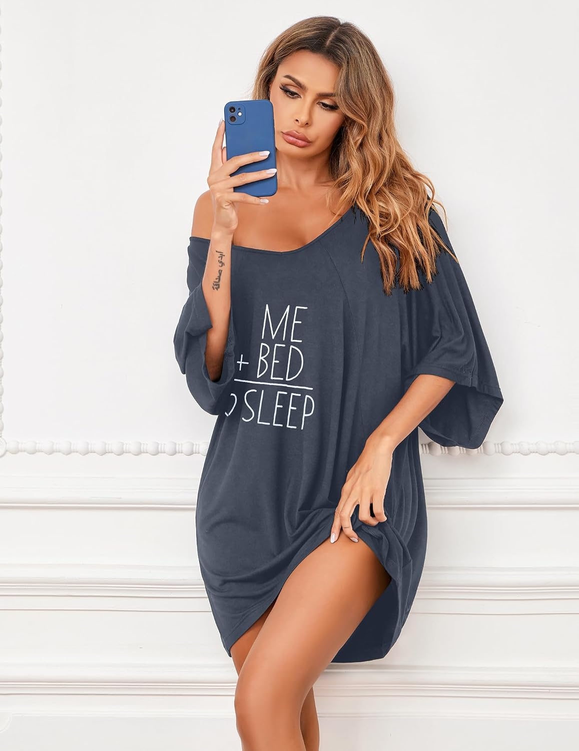 image:imageEkouaer Nightgowns for Women Deep V Neck Sleep Shirt Oversized Night ShirtGrey Letters