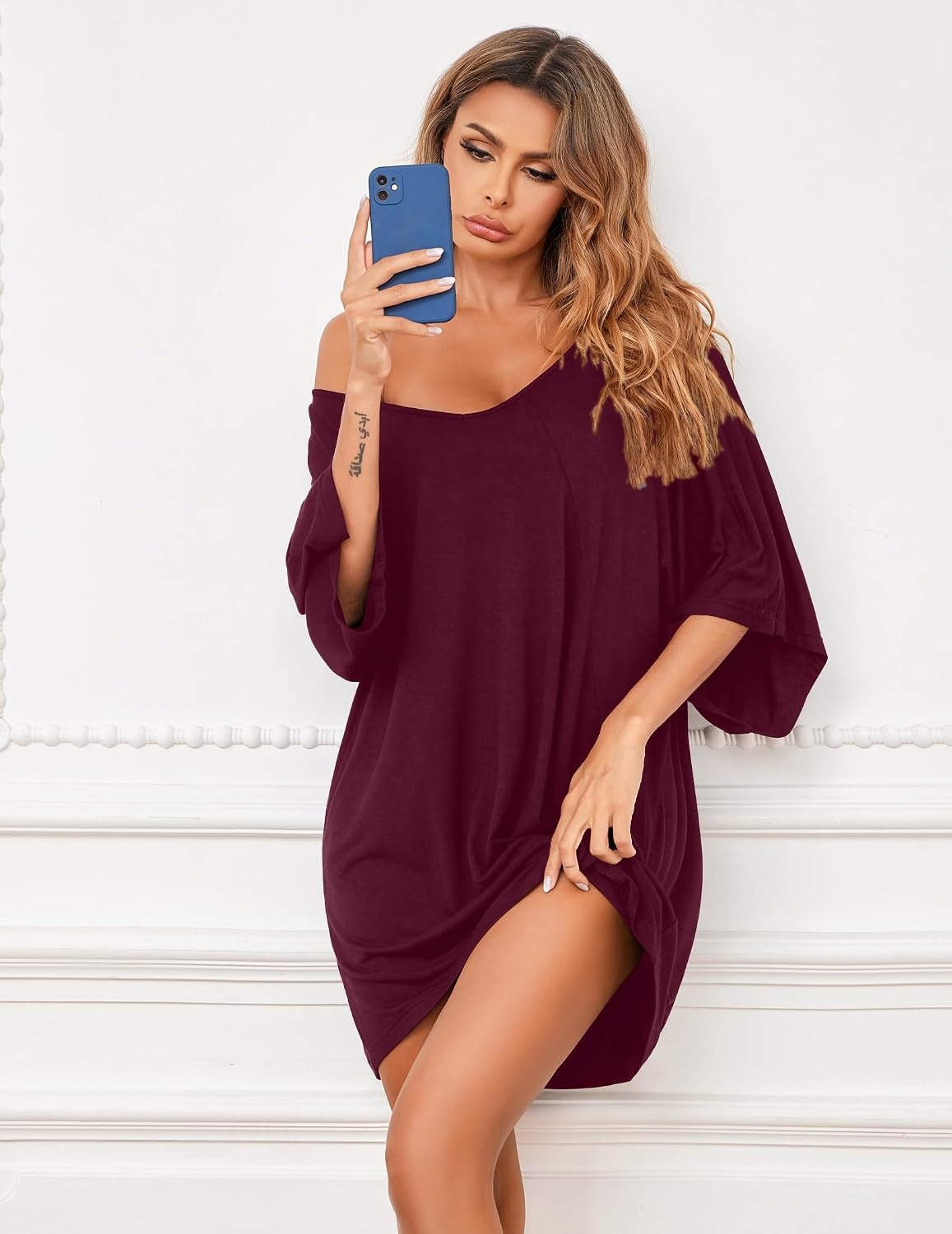 image:imageEkouaer Nightgowns for Women Deep V Neck Sleep Shirt Oversized Night ShirtWine Red
