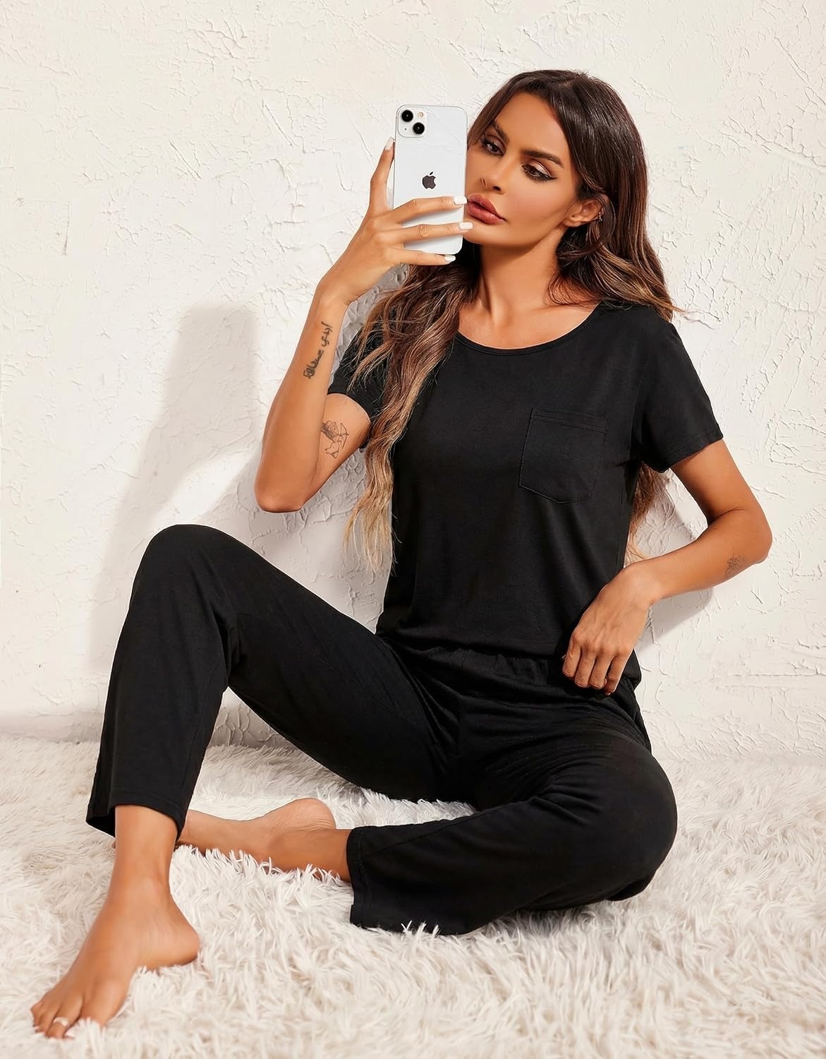 image:imageEkouaer Pajamas for Women Set 2 Piece Comfy Loungewear Lightweight Pjs Sleepwear Short Sleeve Top amp Long Pants with PocketsBlack