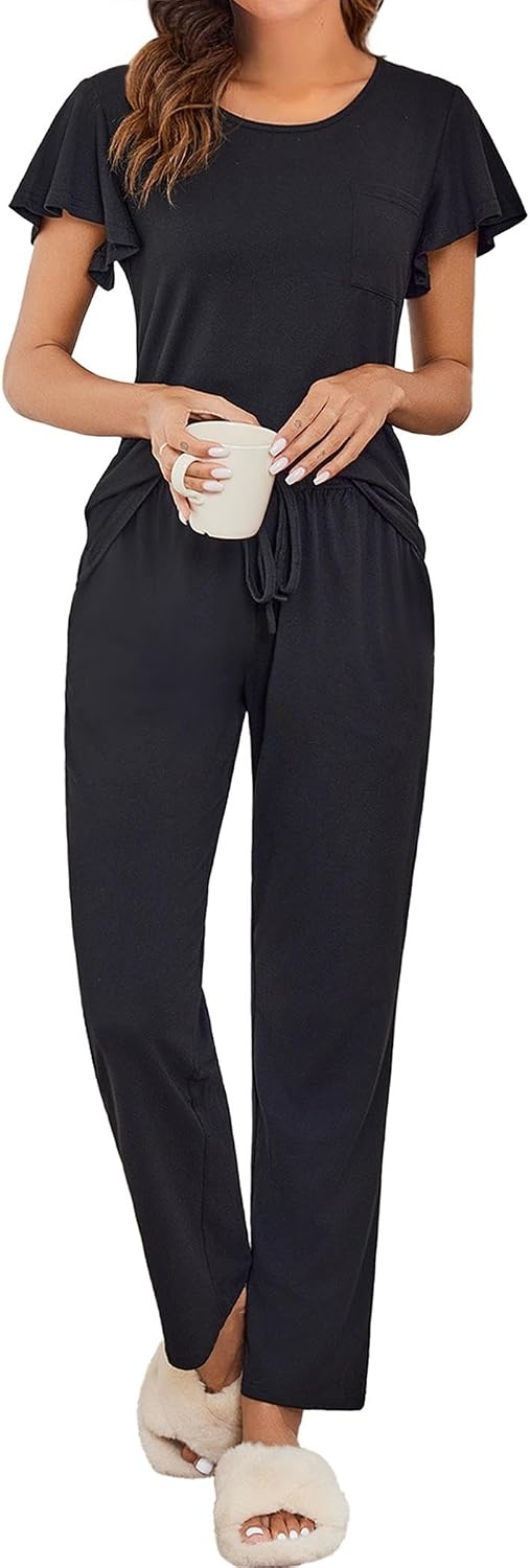 image:imageEkouaer Pajamas for Women Set 2 Piece Comfy Loungewear Lightweight Pjs Sleepwear Short Sleeve Top amp Long Pants with PocketsBlack