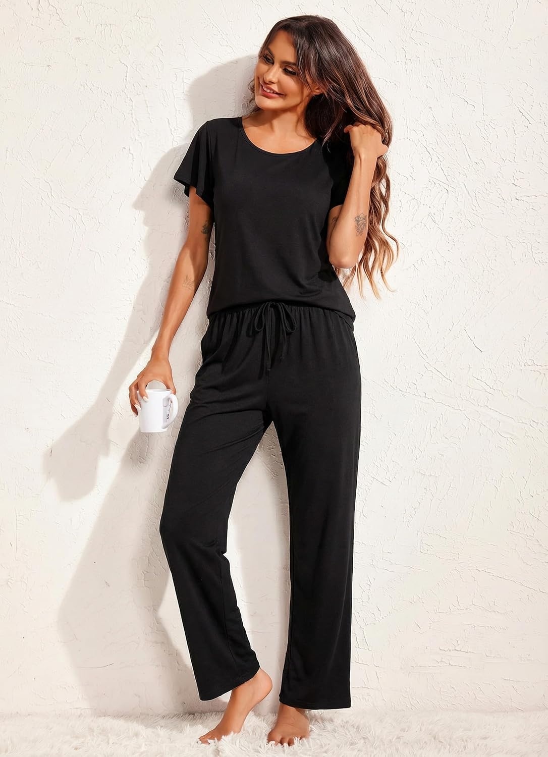 image:imageEkouaer Pajamas for Women Set 2 Piece Comfy Loungewear Lightweight Pjs Sleepwear Short Sleeve Top amp Long Pants with PocketsBlack