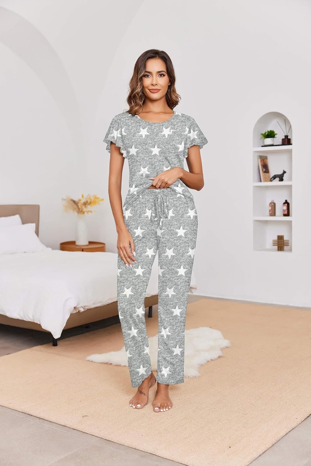 image:imageEkouaer Pajamas for Women Set 2 Piece Comfy Loungewear Lightweight Pjs Sleepwear Short Sleeve Top amp Long Pants with PocketsLight Gray Stars
