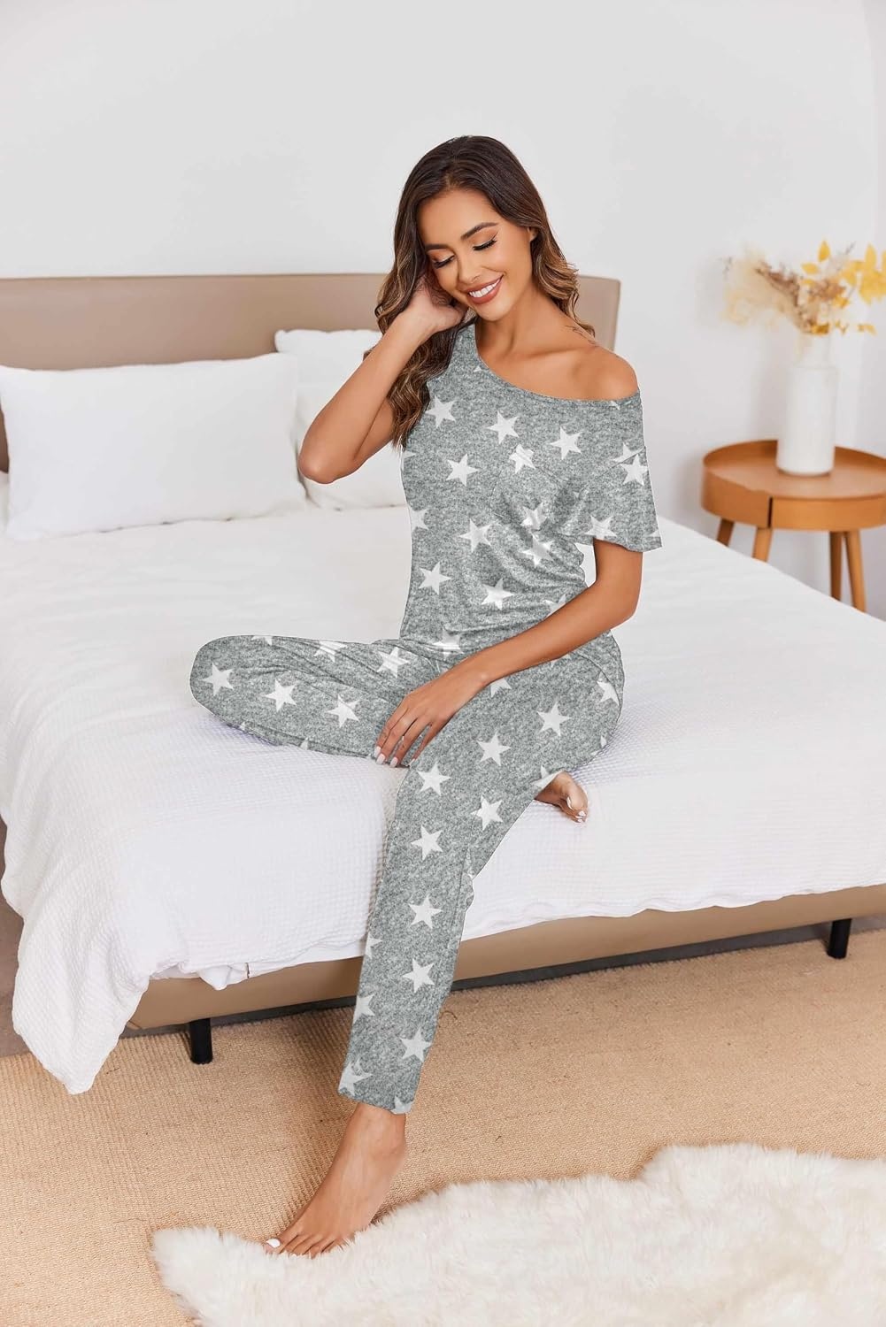 image:imageEkouaer Pajamas for Women Set 2 Piece Comfy Loungewear Lightweight Pjs Sleepwear Short Sleeve Top amp Long Pants with PocketsLight Gray Stars