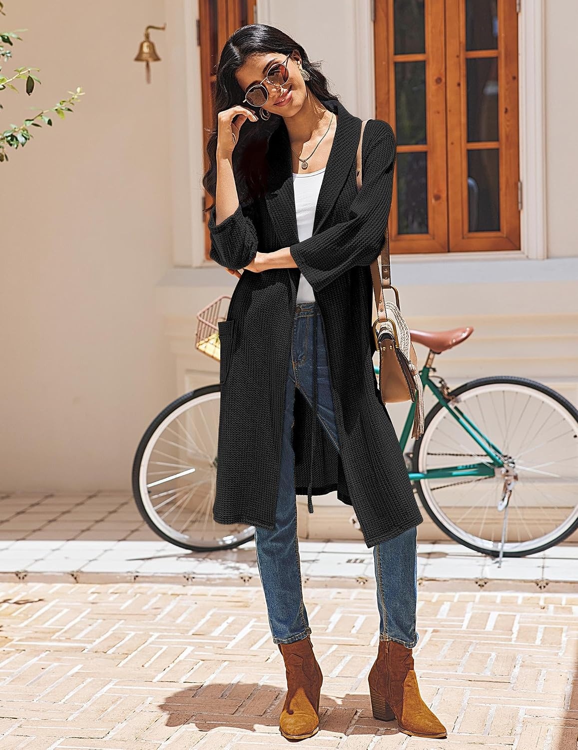 image:imageEkouaer Robes for Women Waffle Knit Kimono Bathrobe Loungewear with PocketsBlack
