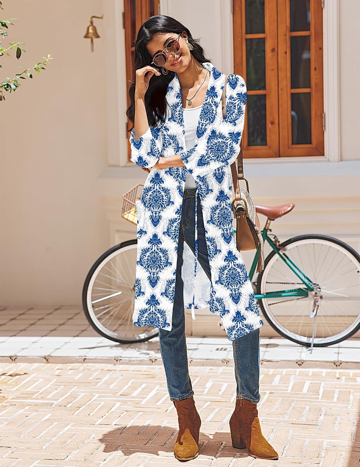 image:imageEkouaer Robes for Women Waffle Knit Kimono Bathrobe Loungewear with PocketsBlue Floral