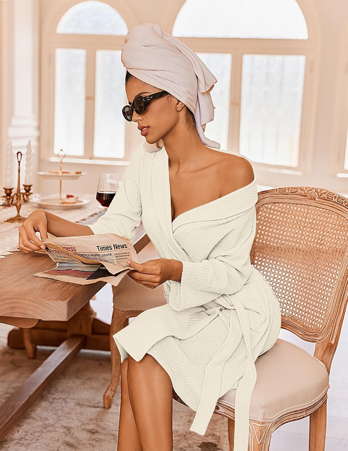 image:imageEkouaer Robes for Women Waffle Knit Kimono Bathrobe Loungewear with PocketsCream