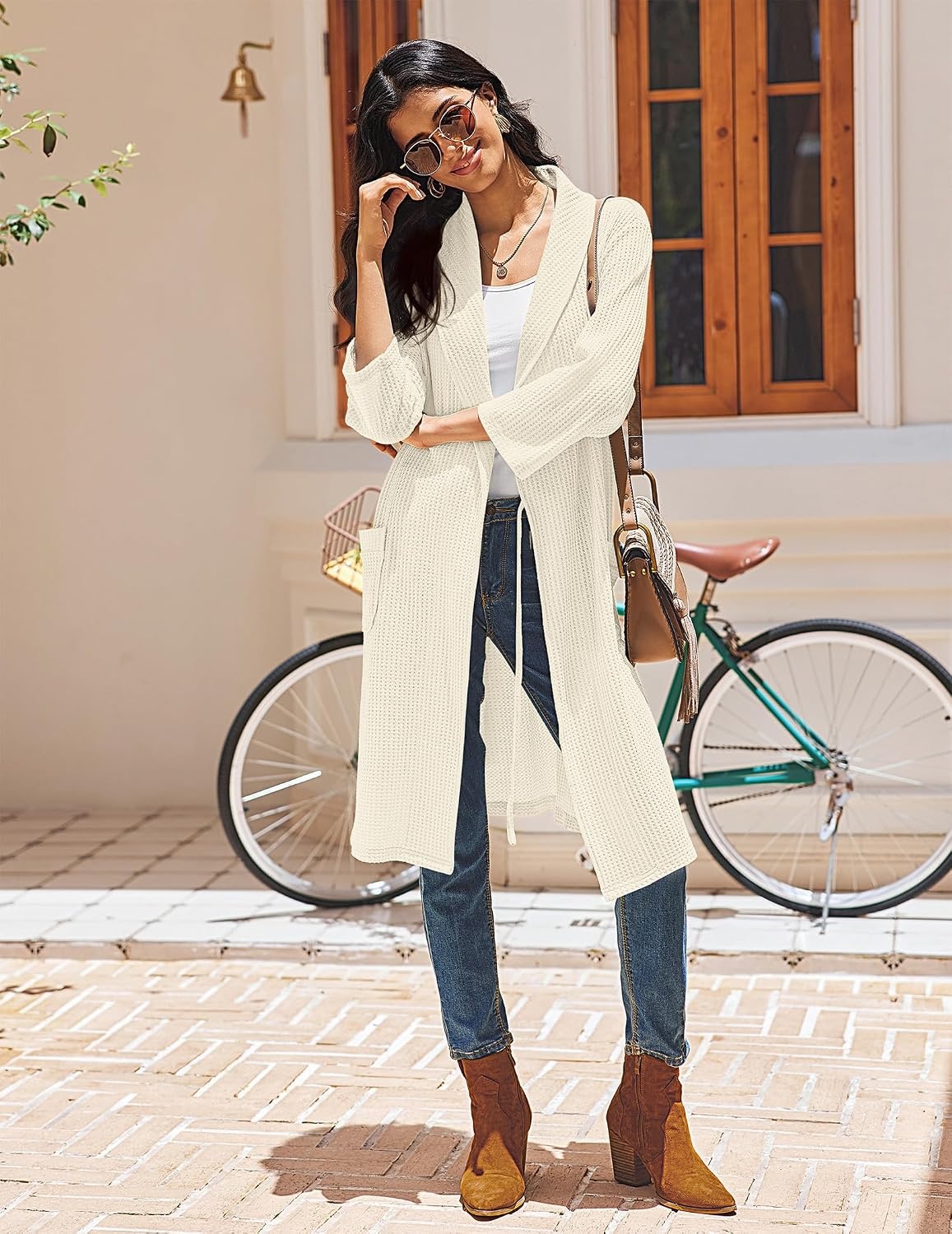 image:imageEkouaer Robes for Women Waffle Knit Kimono Bathrobe Loungewear with PocketsCream