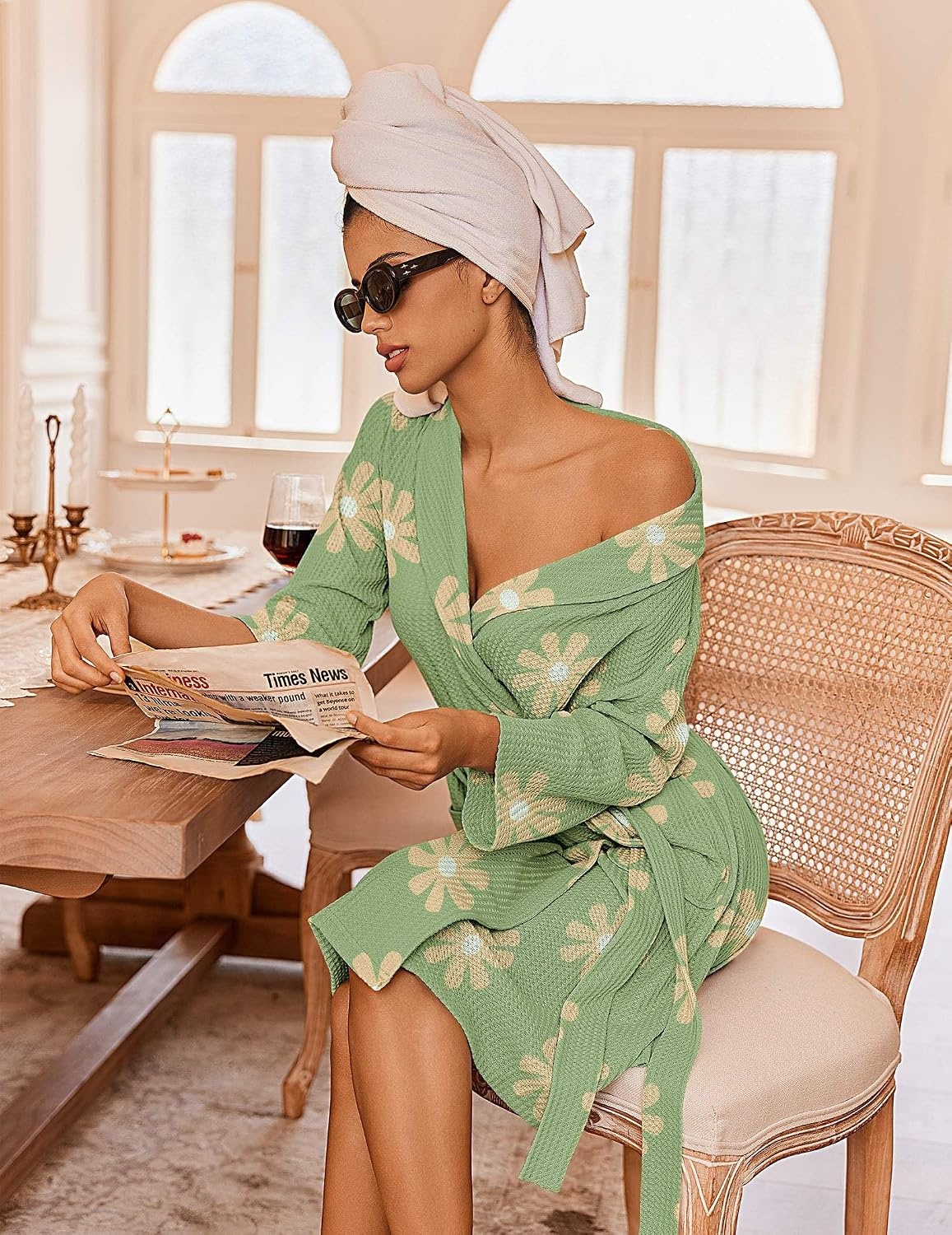 image:imageEkouaer Robes for Women Waffle Knit Kimono Bathrobe Loungewear with PocketsFloral Green
