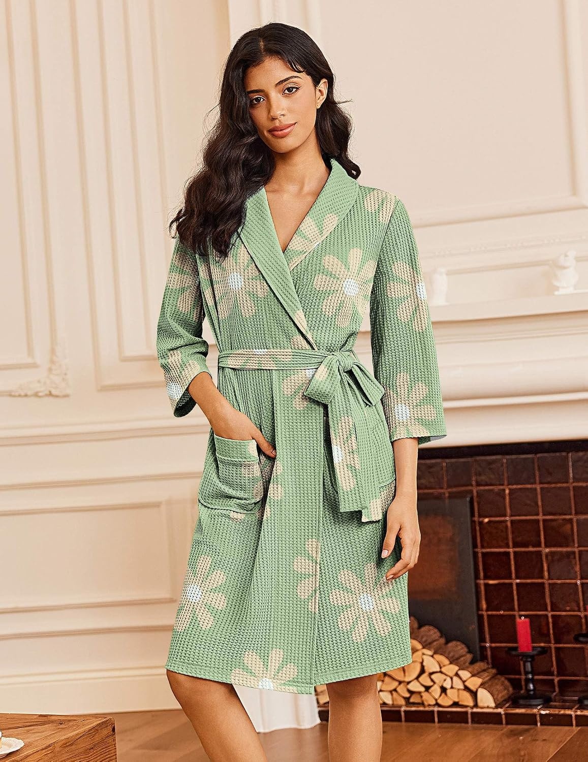 image:imageEkouaer Robes for Women Waffle Knit Kimono Bathrobe Loungewear with PocketsFloral Green