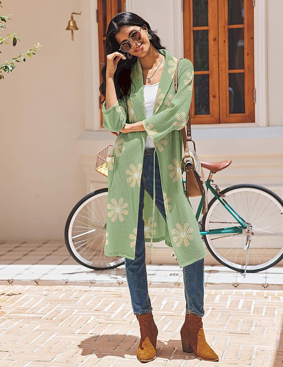 image:imageEkouaer Robes for Women Waffle Knit Kimono Bathrobe Loungewear with PocketsFloral Green