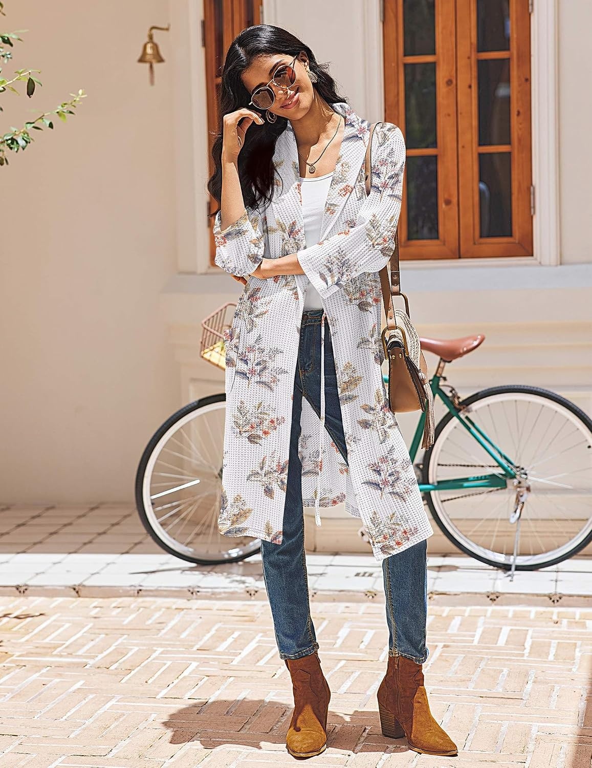 image:imageEkouaer Robes for Women Waffle Knit Kimono Bathrobe Loungewear with PocketsFloral White